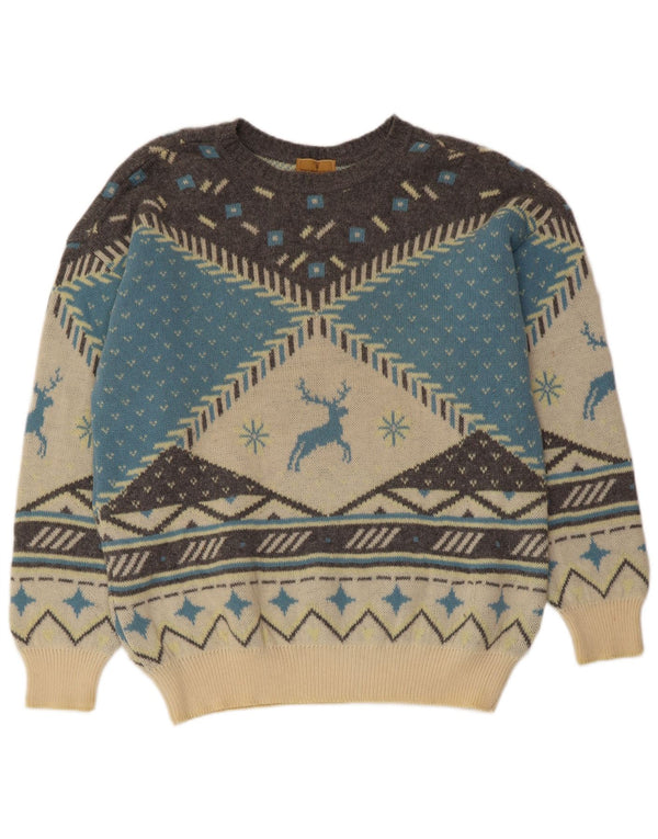 TRUSSARDI JEANS Mens Crew Neck Jumper Sweater Large Off White Fair Isle