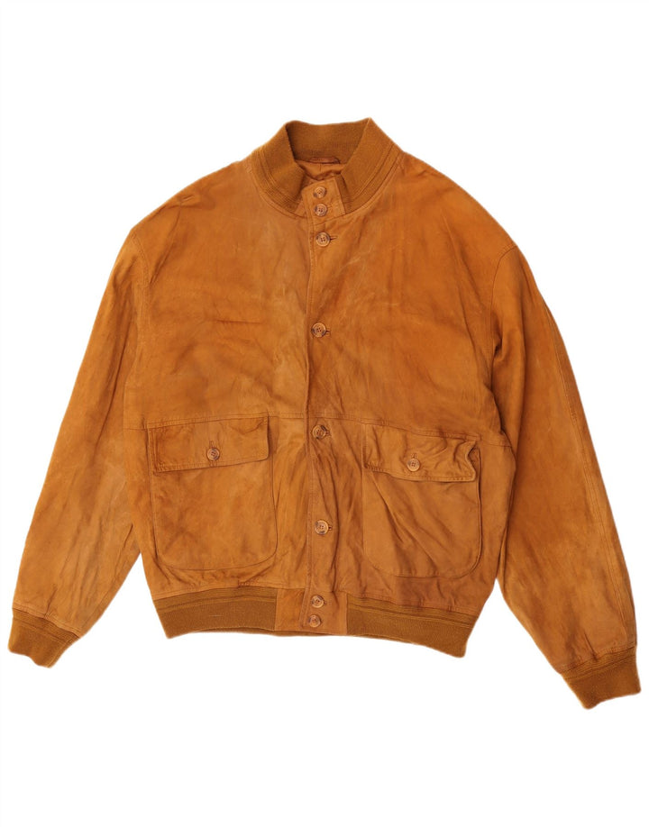 Green Leaves Mens Suede Bomber Jacket IT 54 2XL Beige Leather
