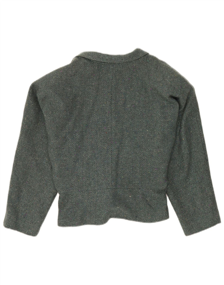 Vintage Womens Crop 4 Button Blazer Jacket UK 12 Medium Green Herringbone