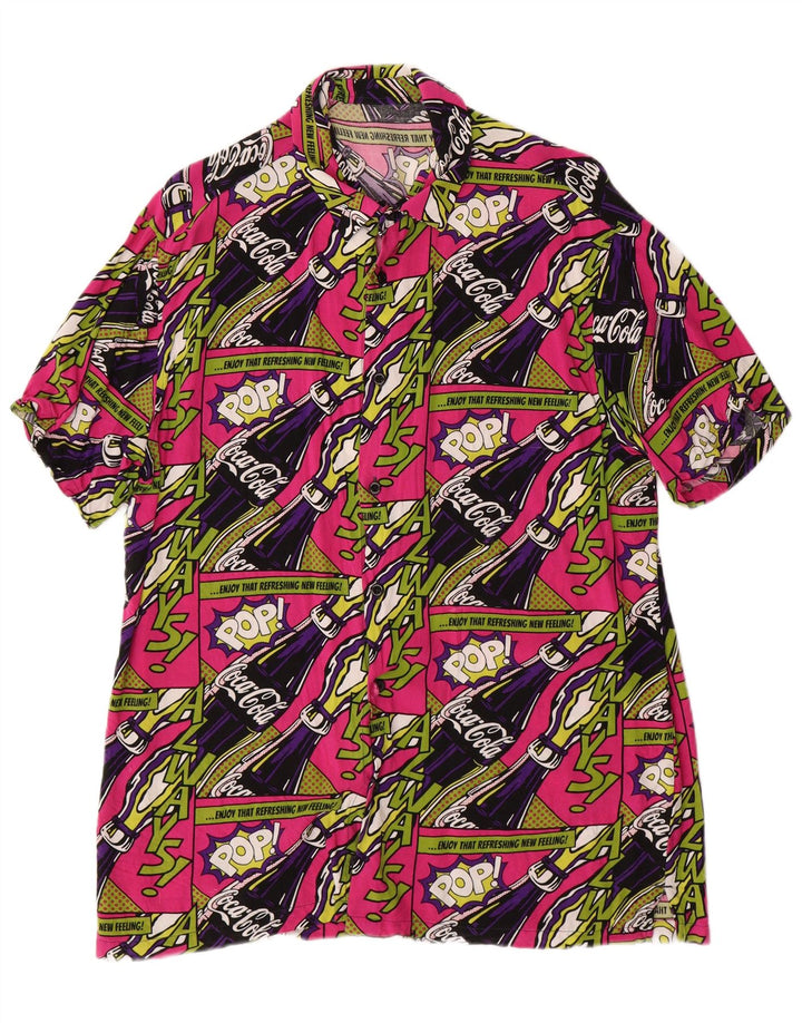 BERSHKA Mens Graphic Short Sleeve Shirt Medium Multicoloured Viscose
