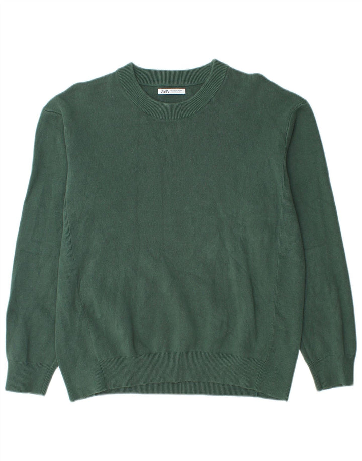 Zara Mens Crew Neck Jumper Sweater Medium Green Cotton