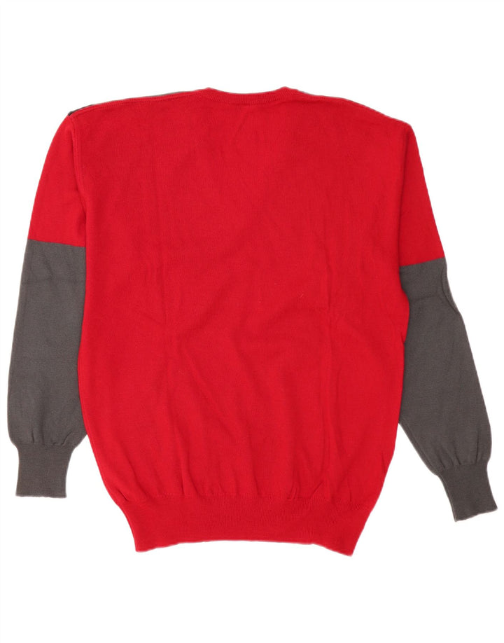 DALMINE Mens V-Neck Jumper Sweater IT 50 Medium Red Colourblock Virgin Wool