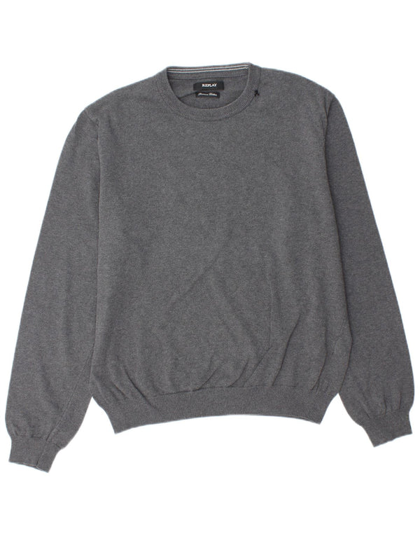 REPLAY Mens Crew Neck Jumper Sweater Large Grey Cotton