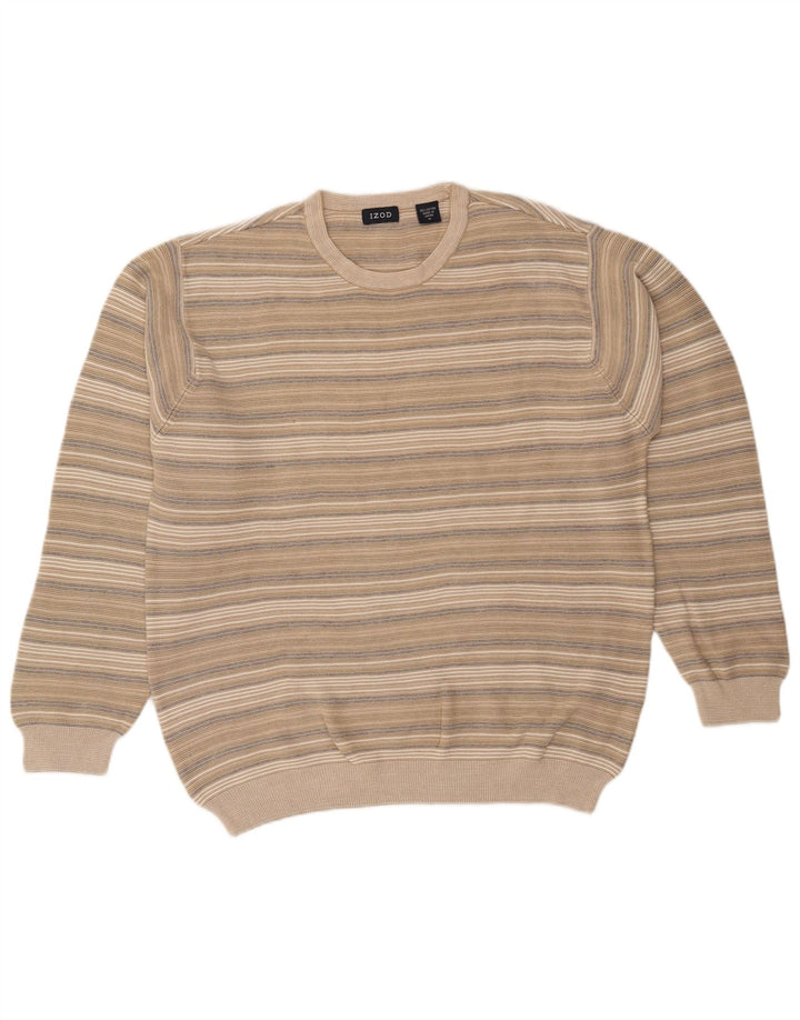 IZOD Mens Crew Neck Jumper Sweater Medium Beige Striped Cotton