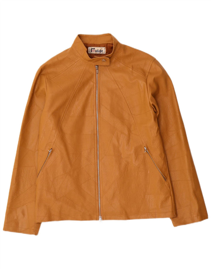 Vintage Womens Faux Leather Jacket UK 14 Large Beige Patchwork Polyvinyl