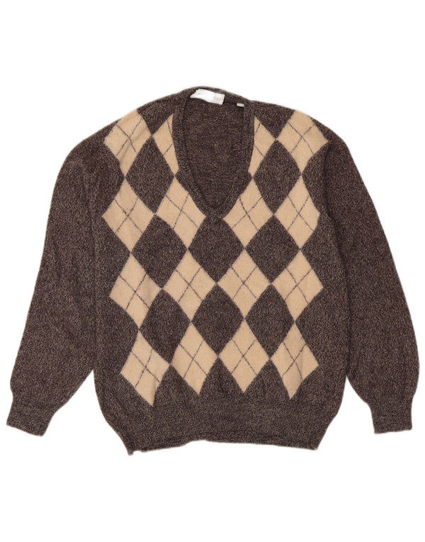 PAQUITO Womens V-Neck Jumper Sweater UK 14 Medium Grey Argyle/Diamond