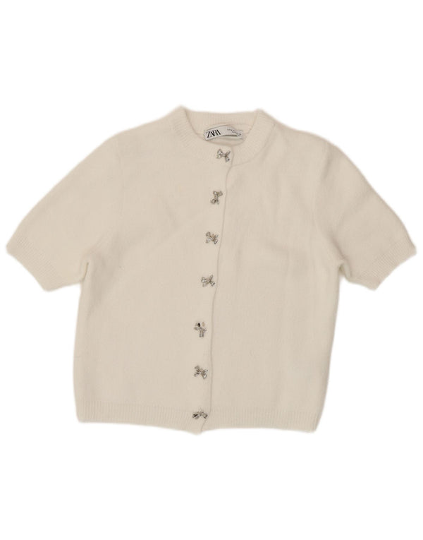 Zara Womens Short Sleeve Cardigan Sweater UK 12 Medium White Polyamide