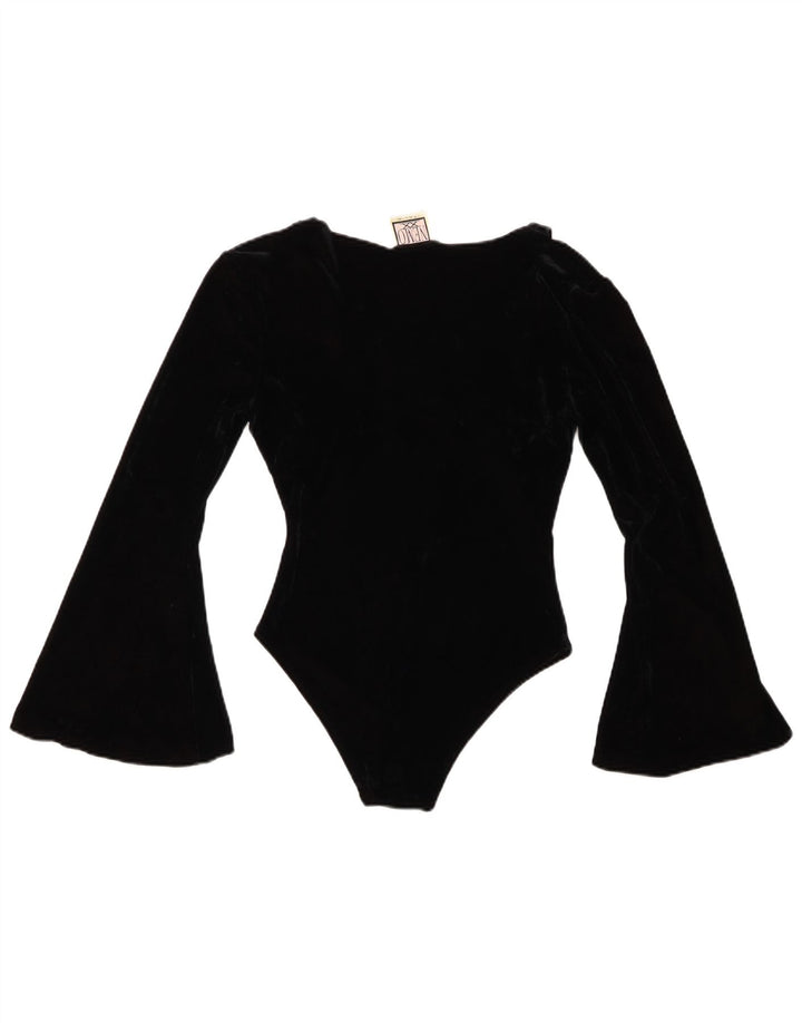 VINTAGE Womens Velvet Bodysuit UK 8 Small Black Acrylic