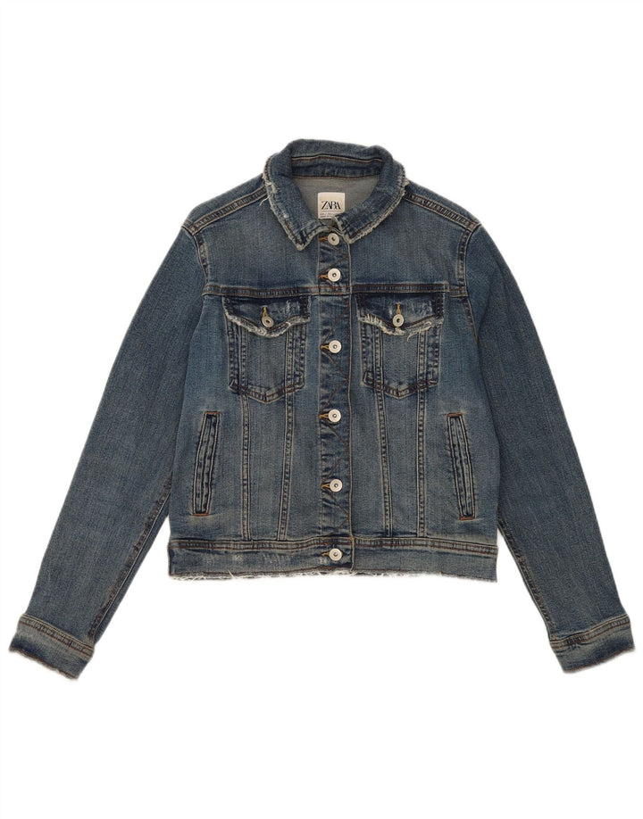 Zara Womens Crop Denim Jacket UK 16 Large Blue Cotton