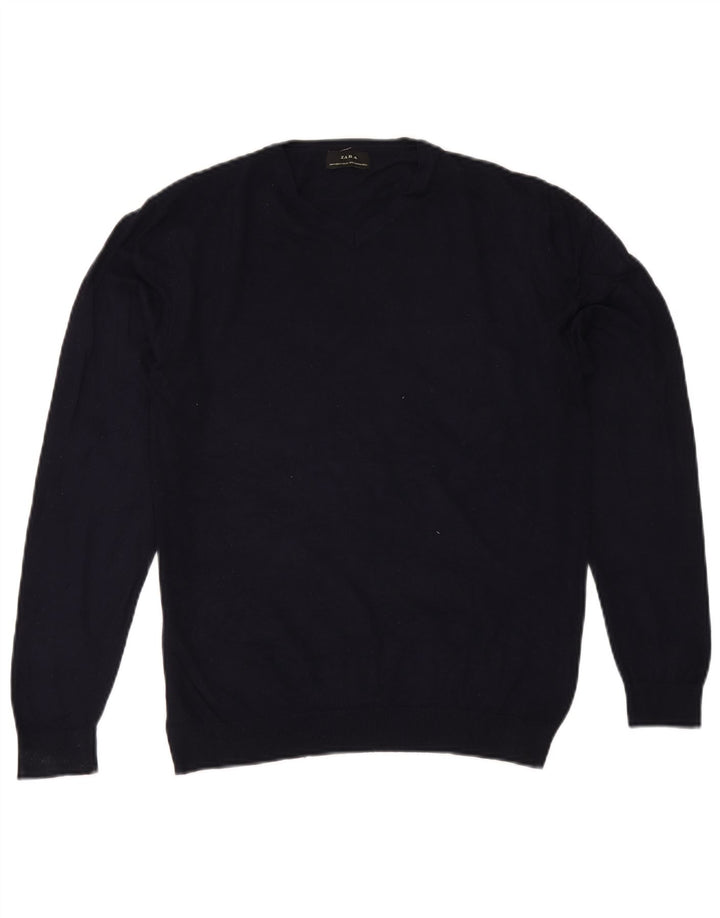 Zara Womens V-Neck Jumper Sweater UK 14 Medium Navy Blue