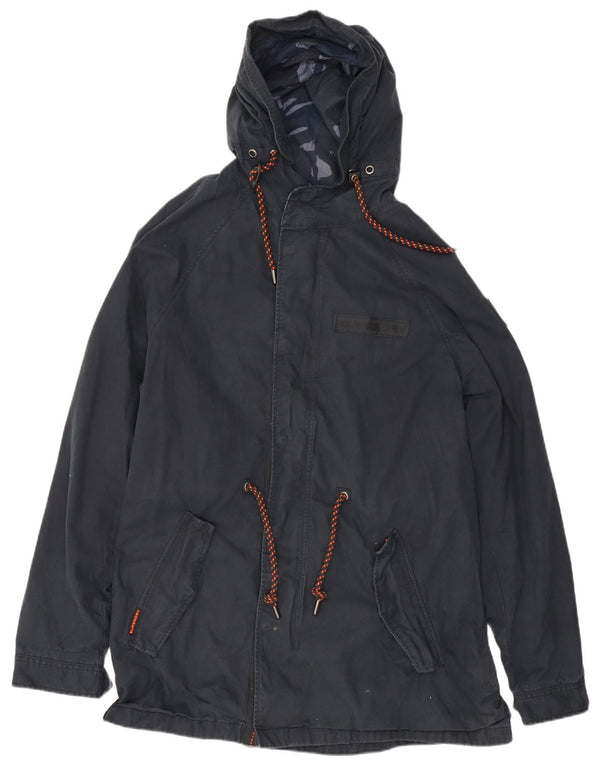 Superdry Mens Hooded Parka Jacket UK 46 3XL Navy Blue Cotton