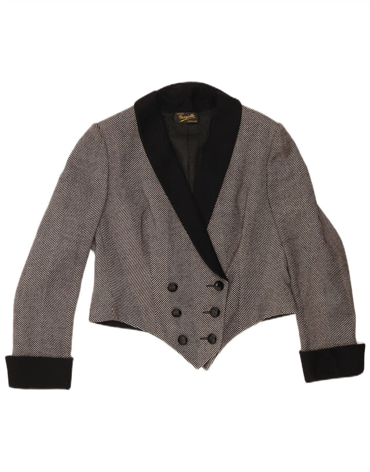 Vintage Womens Crop Blazer Jacket UK 14 Medium Grey Herringbone