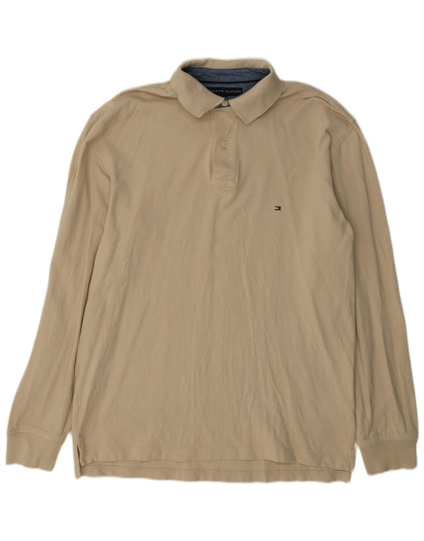 Tommy Hilfiger Mens Long Sleeve Polo Shirt Large Beige Cotton