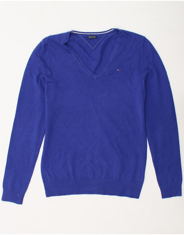 TOMMY HILFIGER Womens V-Neck Jumper Sweater UK 10 Small Blue Cotton