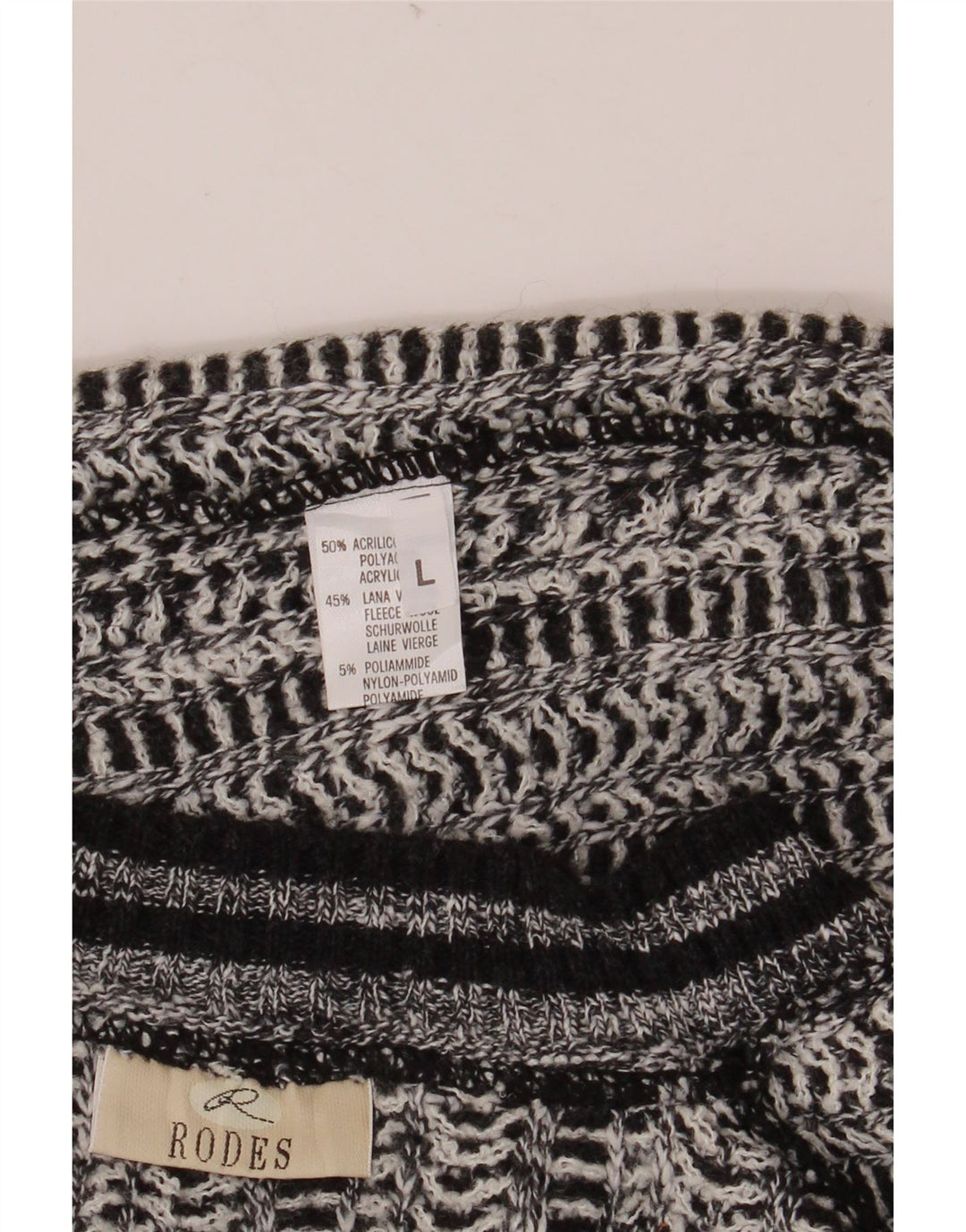 RODES Mens V-Neck Jumper Sweater Large Grey Striped Acrylic