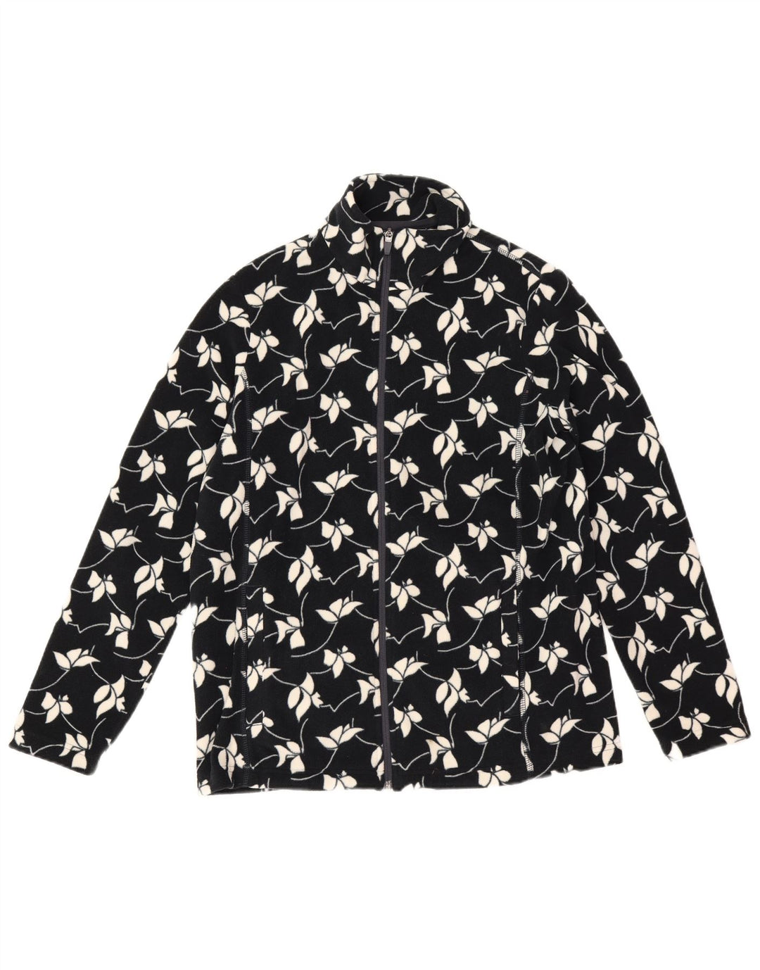 Lands End Womens Fleece Jacket UK 14 Medium Navy Blue Floral Polyester