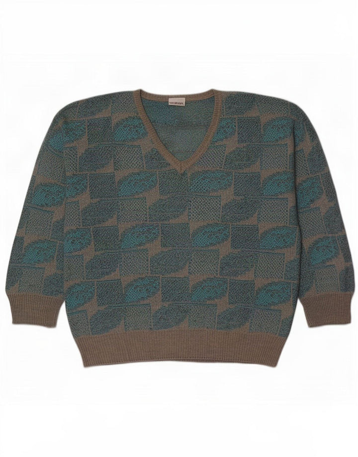 Fiume Mens V-Neck Jumper Sweater IT 50 Medium Blue Geometric