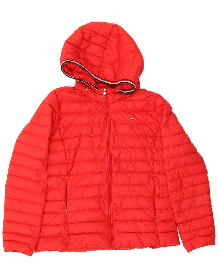 TOMMY HILFIGER Womens Oversized Hooded Padded Jacket UK 16 Large Red Vintage Tommy Hilfiger and Second-Hand Tommy Hilfiger from Messina Hembry 