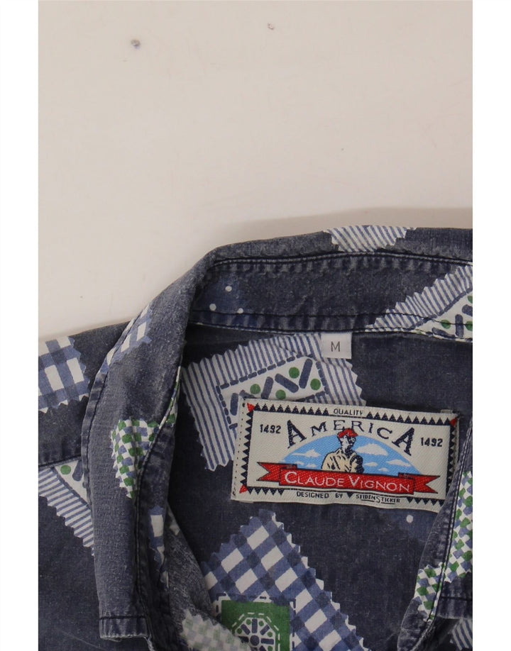 VINTAGE Mens Short Sleeve Shirt Medium Blue Patchwork Vintage Vintage and Second-Hand Vintage from Messina Hembry 