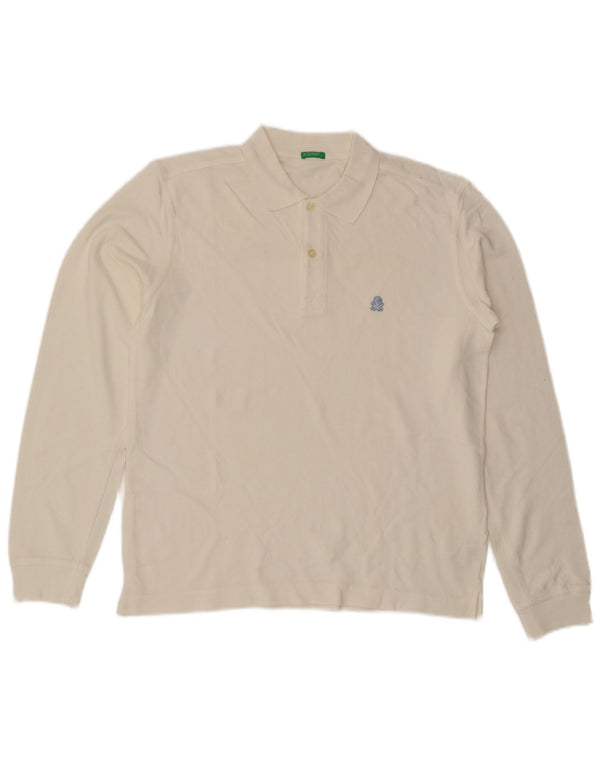 Benetton Mens Long Sleeve Polo Shirt Medium White Cotton