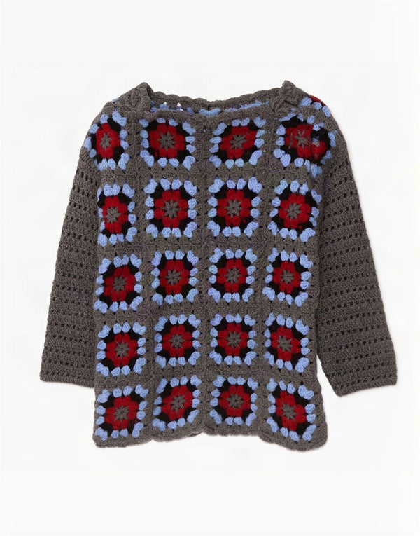 Vintage Womens Crochet Turtle Neck Jumper Sweater UK 14 Large Grey Floral