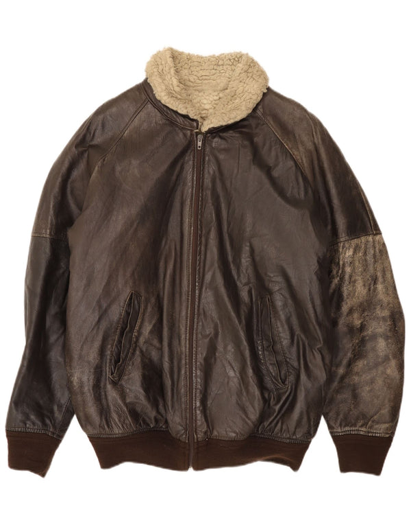 Vintage Mens Leather Sherpa Jacket IT 52 XL Brown