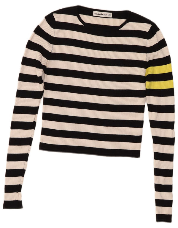 Zara Womens Crop Top Long Sleeve UK 10 Small Navy Blue Striped