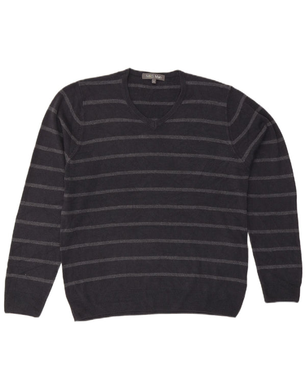Marks & Spencer Mens V-Neck Jumper Sweater Large Navy Blue Striped Acrylic