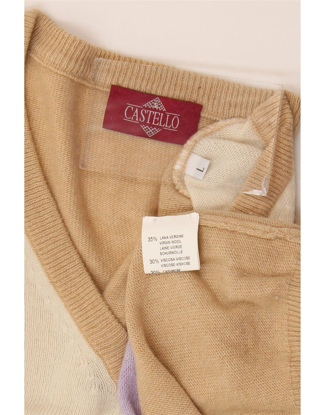 Castello Mens V-Neck Jumper Sweater Large Beige Argyle/Diamond Virgin Wool