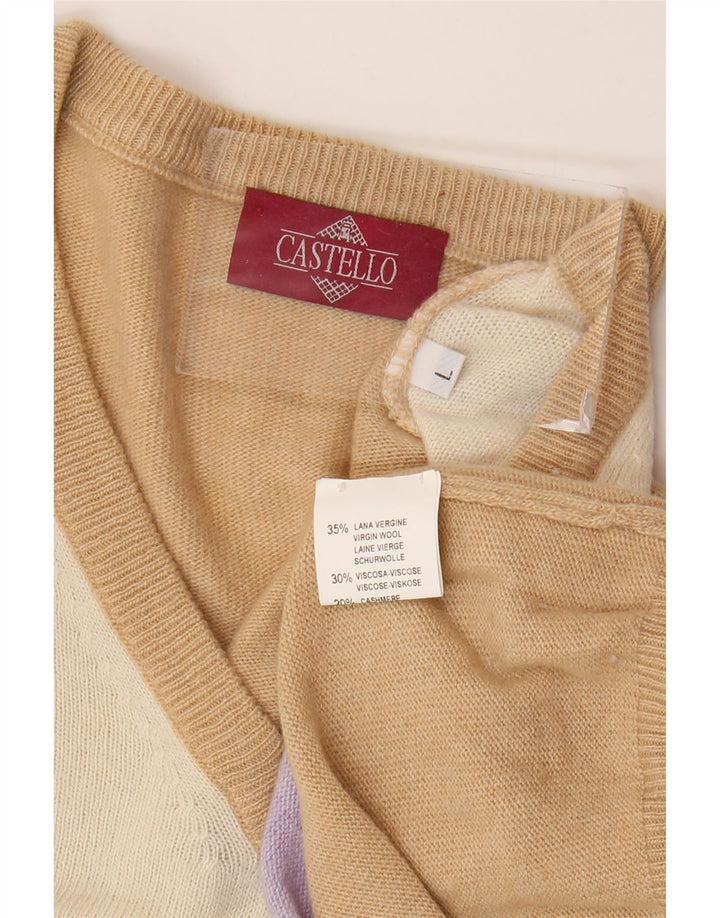 Castello Mens V-Neck Jumper Sweater Large Beige Argyle/Diamond Virgin Wool