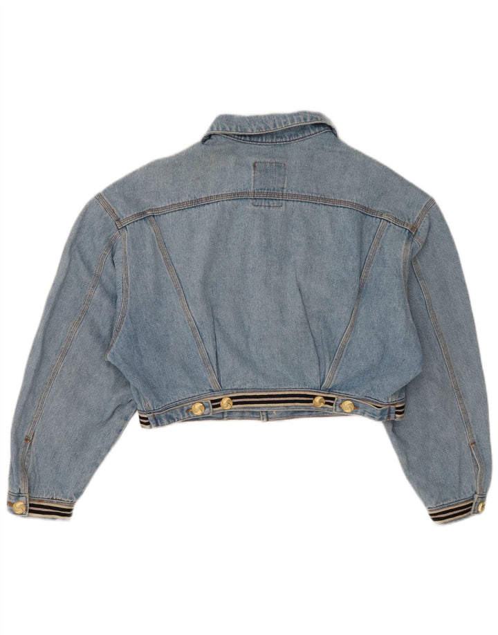 Vintage Womens Graphic Crop Denim Jacket UK 14 Medium Blue Cotton