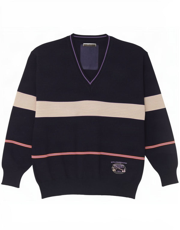 Life Line Mens V-Neck Jumper Sweater IT 50 Medium Navy Blue Pinstripe Wool