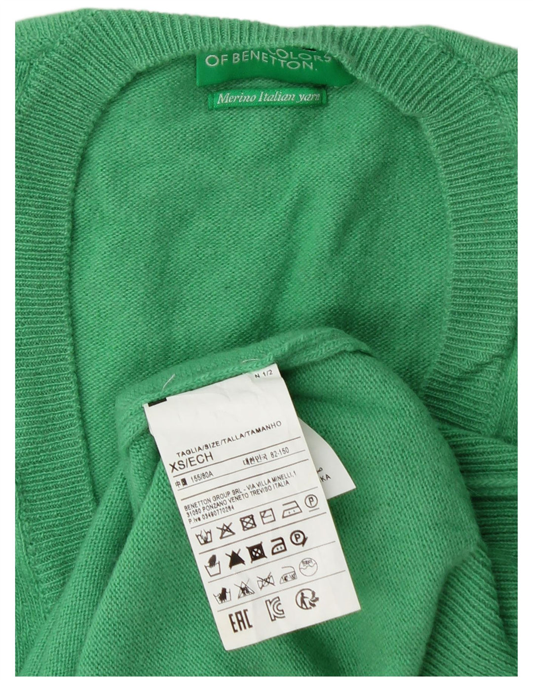BENETTON Womens V-Neck Jumper Sweater UK 6 XS Green Virgin Wool