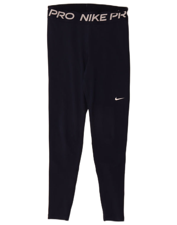 Nike Womens Dri Fit Graphic Leggings UK 12 Medium Navy Blue Polyester