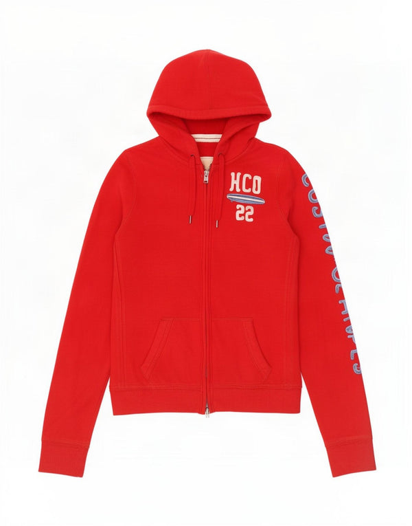 Hollister Womens Graphic Zip Hoodie Sweater UK 12 Medium Red Cotton