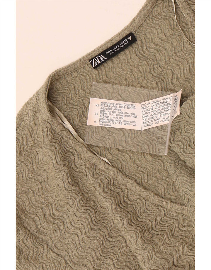 Zara Womens Short Sleeve Crop Top UK 8 Small Khaki Polyester