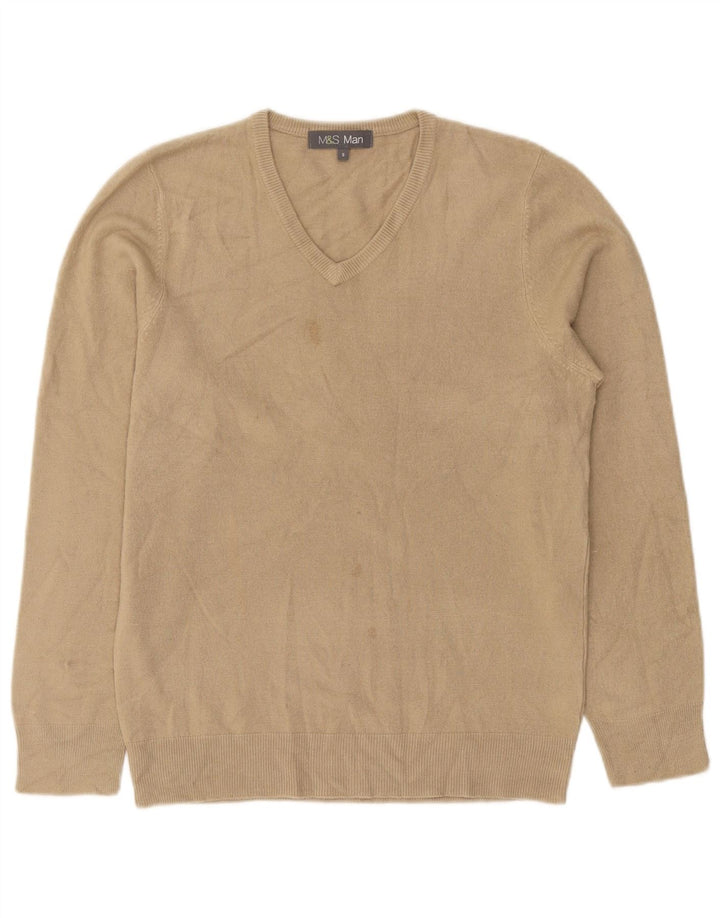 Marks & Spencer Mens V-Neck Jumper Sweater Small Beige Acrylic
