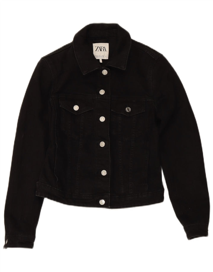 ZARA Womens Crop Denim Jacket UK 10 Small Black Cotton