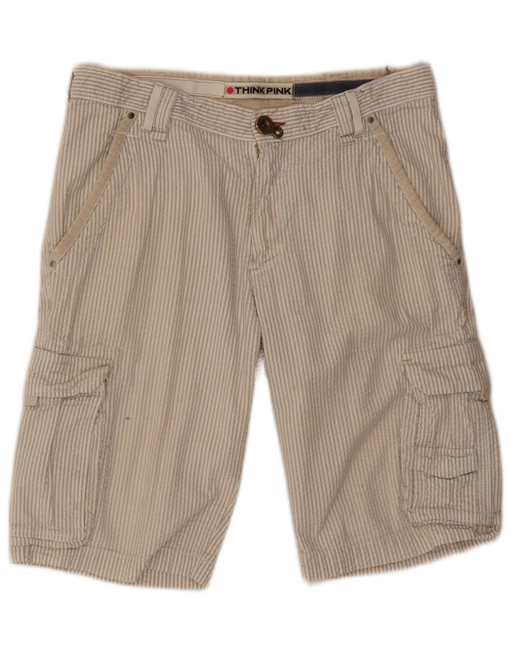 Think Pink Mens Cargo Shorts W32 Large Beige Striped Cotton