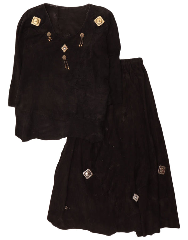 Vintage Womens 3/4 Sleeve Suede 2 Piece Skirt Set UK 12 Medium W28 Black
