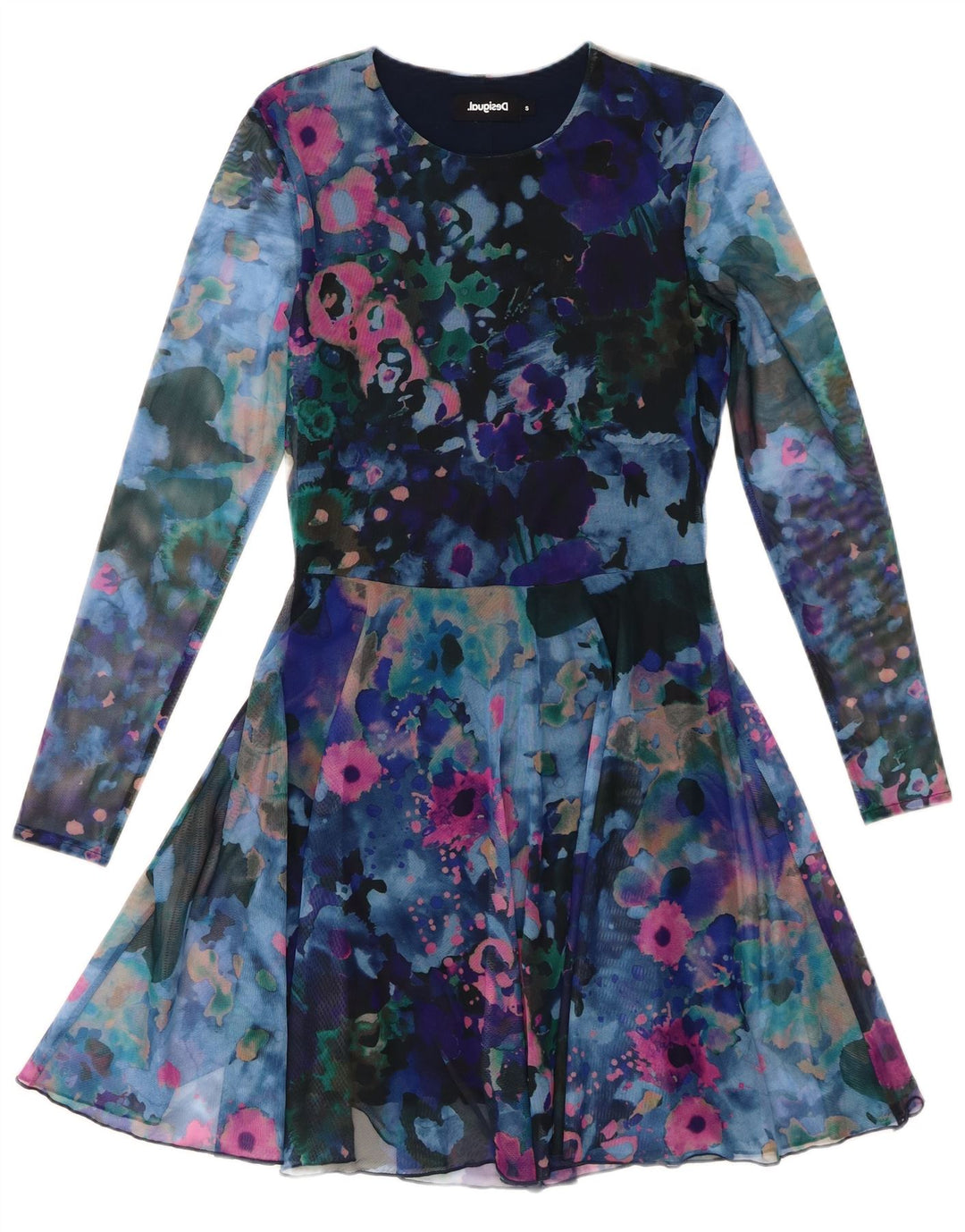 DESIGUAL Womens Abstract Pattern Long Sleeve A-Line Dress UK 10 Small Blue