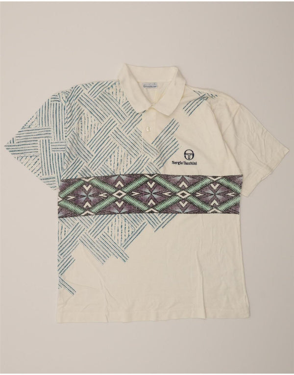 Sergio Tacchini Mens Polo Shirt IT 50 Medium White Geometric Cotton
