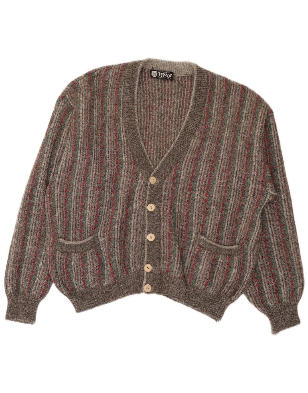 Vintage Mens Cardigan Sweater Large Grey Striped