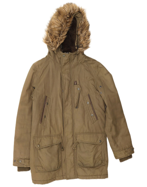 Schott Mens Hooded Sherpa Parka Jacket UK 36 Small Khaki Cotton