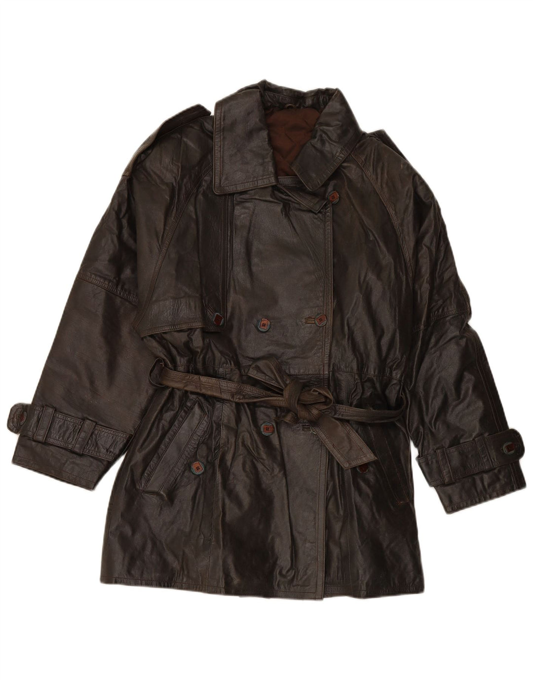 VINTAGE Womens Double Breasted Leather Coat EU 38 Medium Brown Leather