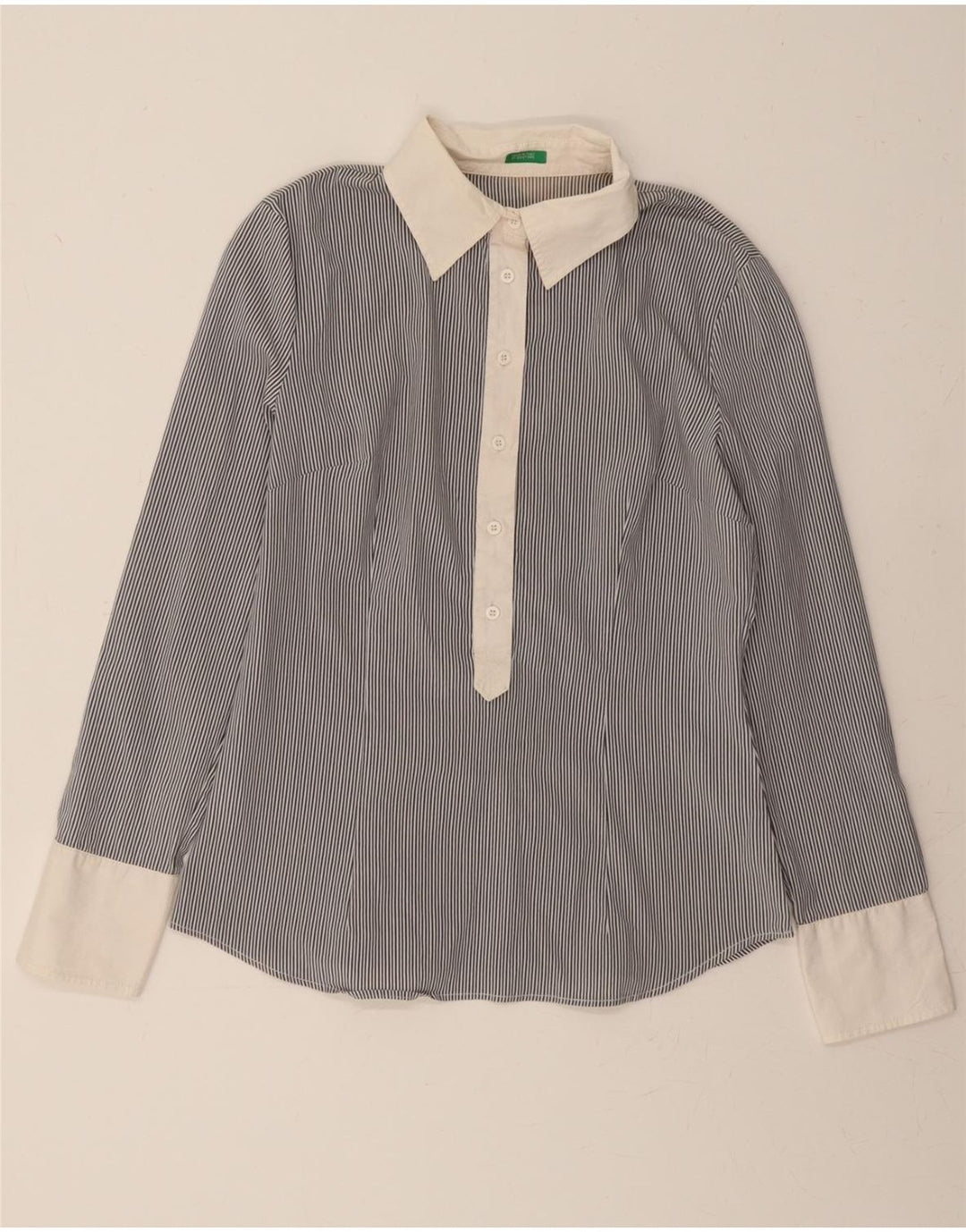 BENETTON Womens Pullover Shirt UK 14 Large Navy Blue Pinstripe Cotton Vintage Benetton and Second-Hand Benetton from Messina Hembry 