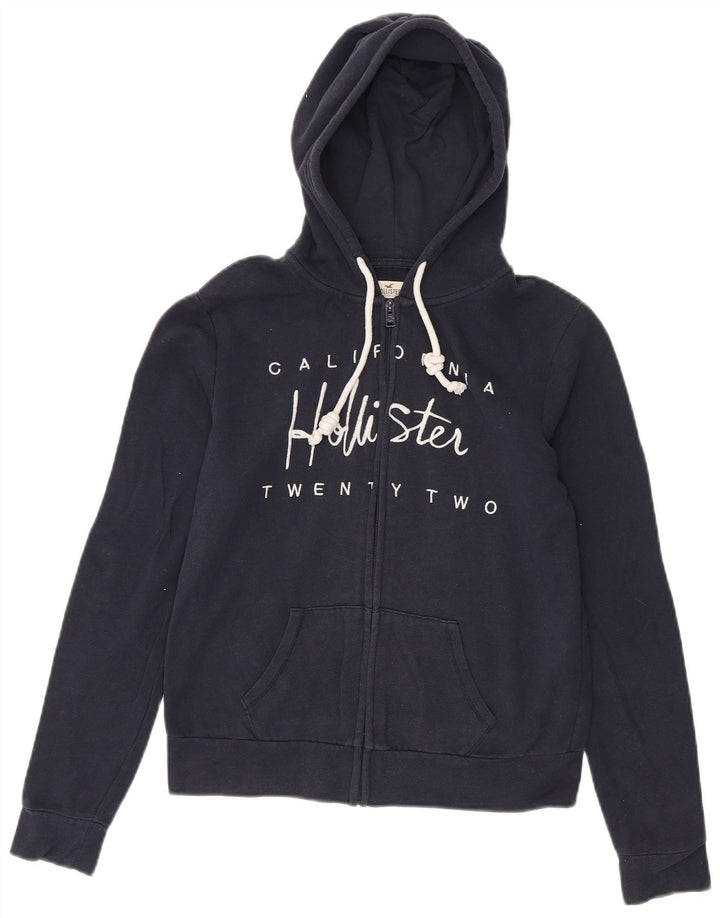 HOLLISTER Womens Graphic Zip Hoodie Sweater UK 10 Small Navy Blue Cotton