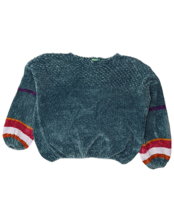 BENETTON Womens Velour Boat Neck Jumper Sweater UK 12 Medium Green Striped