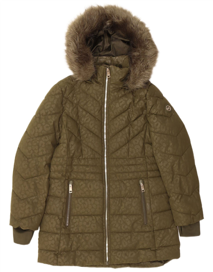 MICHAEL KORS Womens Hooded Padded Coat UK 14 Medium Khaki Animal Print