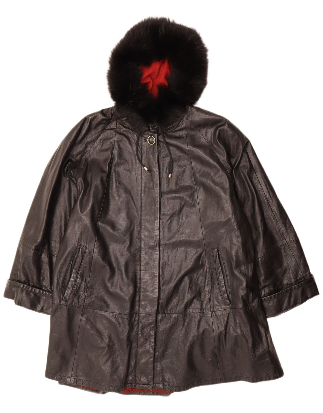 VINTAGE Womens Oversized Hooded Leather Coat IT 42 Medium Black Leather